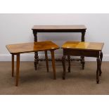 Early 20th century inlaid mahogany table, turned supports and stretchers (W86cm, H68cm,