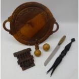 Two Oriental incised gourds, Continental treen needle case carved with grape vines,