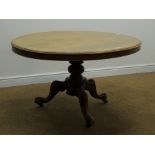Victorian mahogany circular tilting breakfast table, moulded top, single turned column,
