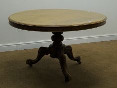Victorian mahogany circular tilting breakfast table, moulded top, single turned column,