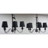 Pair of five branch centre lights with black shades,