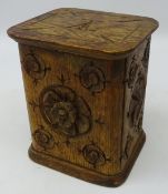 Edwardian oak tea caddy, sides carved with Shamrock, Rose, Thistle and Leek,