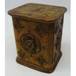 Edwardian oak tea caddy, sides carved with Shamrock, Rose, Thistle and Leek,