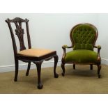 Victorian style walnut framed balloon back armchair, upholstered back and seat,
