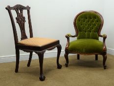 Victorian style walnut framed balloon back armchair, upholstered back and seat,