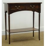 Reproduction inlaid mahogany side table fitted with two drawers, W69cm, H75cm,