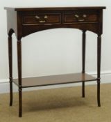 Reproduction inlaid mahogany side table fitted with two drawers, W69cm, H75cm,