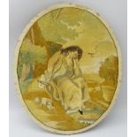 George lll oval silk work picture embroidered with a lady seated in a wooded landscape with dog,