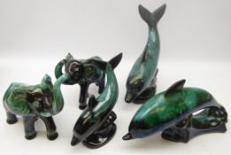 Canadian Blue Mountain Pottery; three Dolphins and two Elephants,