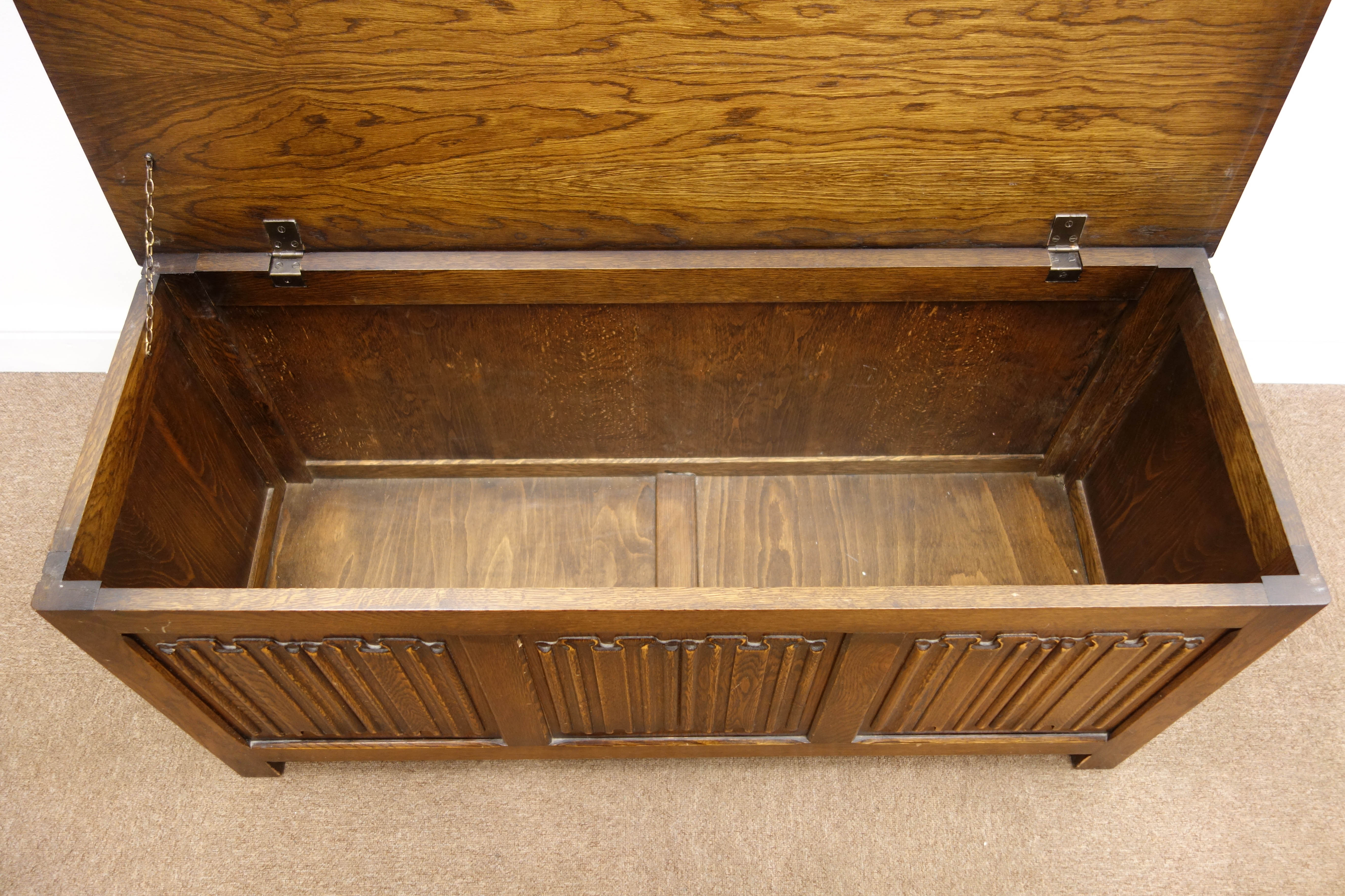 Oak three panel linenfold blanket box, hinged lid, stile supports (W113cm, H53cm, - Image 4 of 4