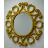 Circular bevel edged wall mirror, with scrolled frame,