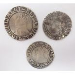 Three Elizabeth I hammered silver coins; undated shilling,