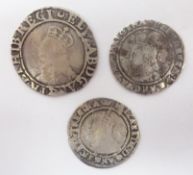 Three Elizabeth I hammered silver coins; undated shilling,