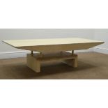 Travertine rectangular coffee table, brass style supports on bridged feet, 70cm x 140cm,