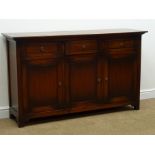 Mahogany stained side cabinet, moulded top, three drawers above three cupboard doors,