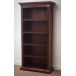 Solid mahogany open bookcase, projecting cornice, four adjustable shelves, plinth base, W87cm,
