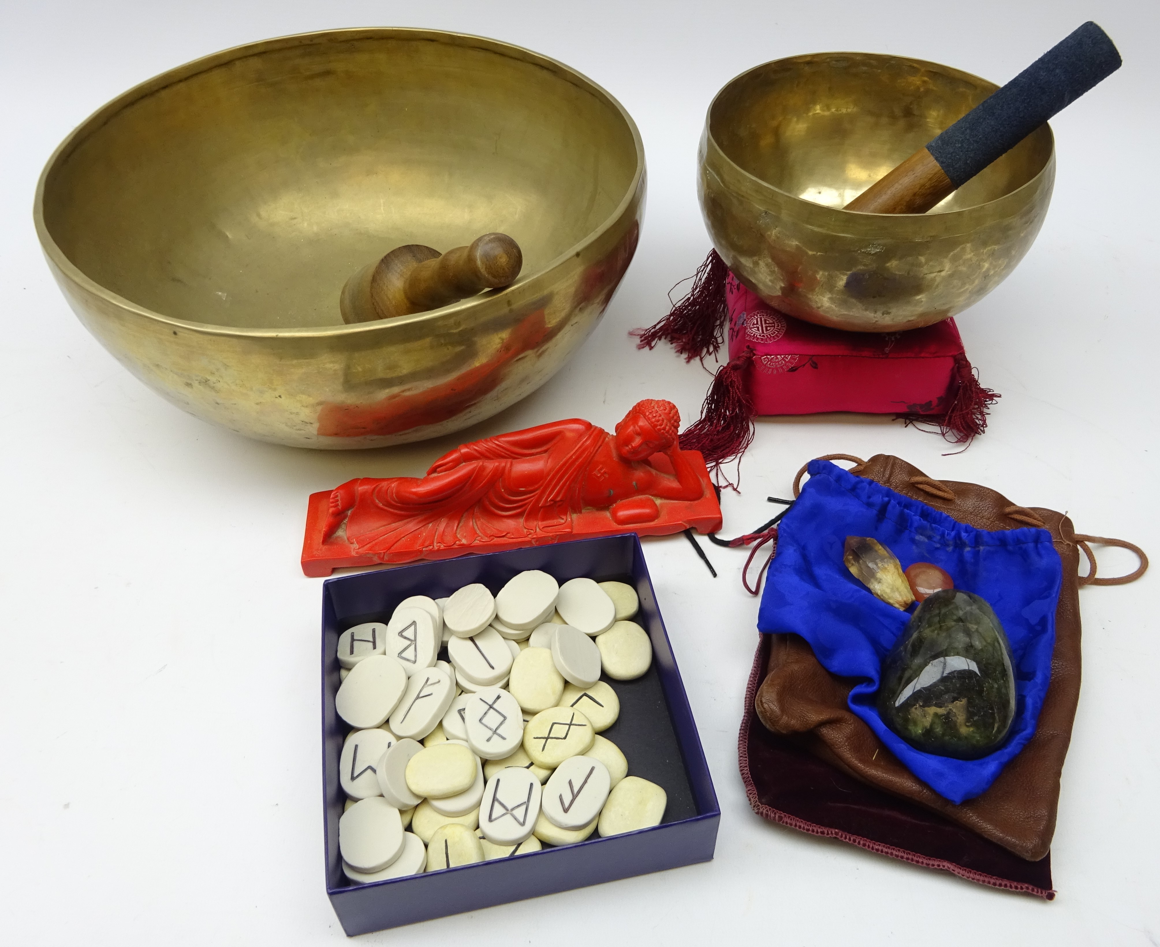 Tibetan hammered brass singing/ prayer bowl with striker and cushion, larger singing bowl D33cm,