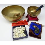 Tibetan hammered brass singing/ prayer bowl with striker and cushion, larger singing bowl D33cm,