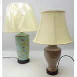 Oriental style ceramic table lamp of cylindrical tapered form decorated with birds amongst foliage,