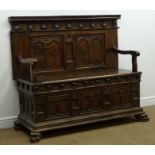 19th century and later fruitwood and pine hall bench seat, with carved double arcaded panels,