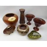 Kernewek pottery vase, terracotta vase with stylized panels, two cast metal pedestal vases,