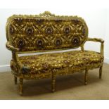 19th century gilt framed settee, carved cresting rail, upholstered back, arms and seat,