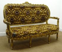19th century gilt framed settee, carved cresting rail, upholstered back, arms and seat,