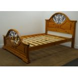 Solid Pine 4' 6" double bedstead with ironwork detail, W158cm, H130cm,