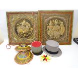 Pair Burmese Kalaga type tapestries on board 59cm x 59cm, two Chinese bamboo hats,