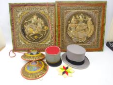 Pair Burmese Kalaga type tapestries on board 59cm x 59cm, two Chinese bamboo hats,