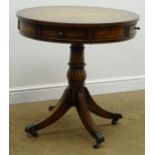 Regency style walnut drum table, two frieze drawers, single turned column on four sabre supports,