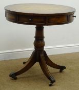 Regency style walnut drum table, two frieze drawers, single turned column on four sabre supports,