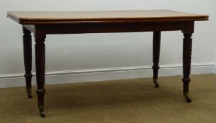 19th century rectanguar mahogany table, carved rope twist supports on castors, 148cm x 73cm,