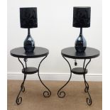 Pair black wrought metal circular occasional tables H65cm x D49cm,
