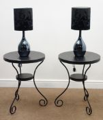 Pair black wrought metal circular occasional tables H65cm x D49cm,