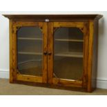 Victorian pitch pine wall hanging bookcase, projecting cornice,