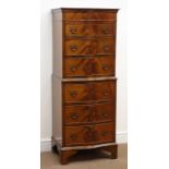 Reproduction mahogany narrow serpentine chest on chest fitted, moulded top, six drawers,