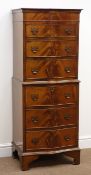 Reproduction mahogany narrow serpentine chest on chest fitted, moulded top, six drawers,