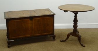 19th century inlaid walnut chest, hinged lid, shaped bracket supports on castors (W96cm, H60cm,
