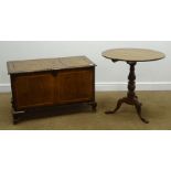 19th century inlaid walnut chest, hinged lid, shaped bracket supports on castors (W96cm, H60cm,