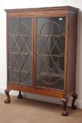 Late 19th century inlaid mahogany display cabinet, projecting cornice,