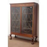 Late 19th century inlaid mahogany display cabinet, projecting cornice,