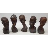 Five African Hardwood bust, male and female,