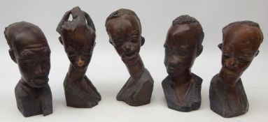 Five African Hardwood bust, male and female,