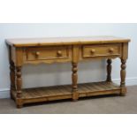 Solid pine two drawer dresser, turned supports, pot board base, bun feet, W152cm, H77cm,