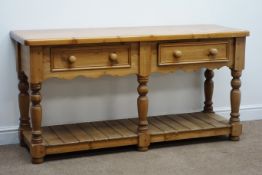Solid pine two drawer dresser, turned supports, pot board base, bun feet, W152cm, H77cm,