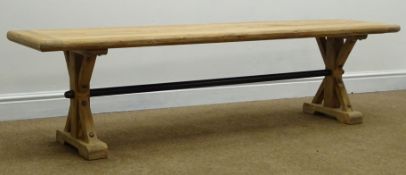 Rustic timber planked effect dining bench, joined by metal stretcher, W170cm, H45cm,