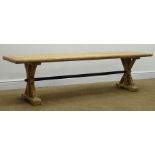 Rustic timber planked effect dining bench, joined by metal stretcher, W170cm, H45cm,