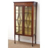 Edwardian mahogany inlaid display cabinet, projecting cornice,