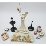 1920's crewel and bead work purse, ebony ring & hat pin stand, various hat pins,